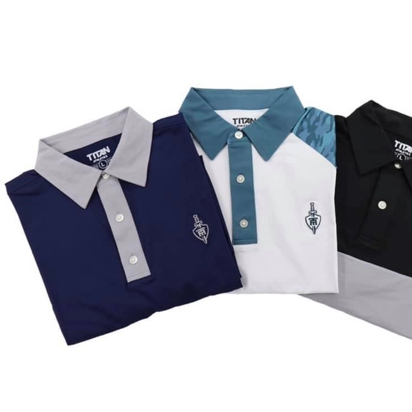 Titan athletics navy and gray golf polos. Sizes XXL, XL, L, M, S.ALL NWT. - Picture 3 of 5